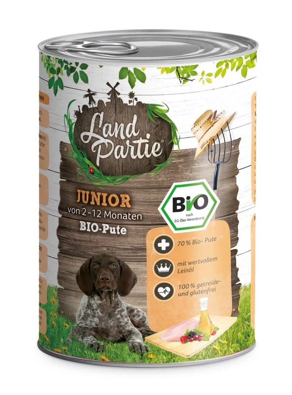 LandPartie Bio Hund Junior 6x400g Mit Bio-Pute Und Mangold