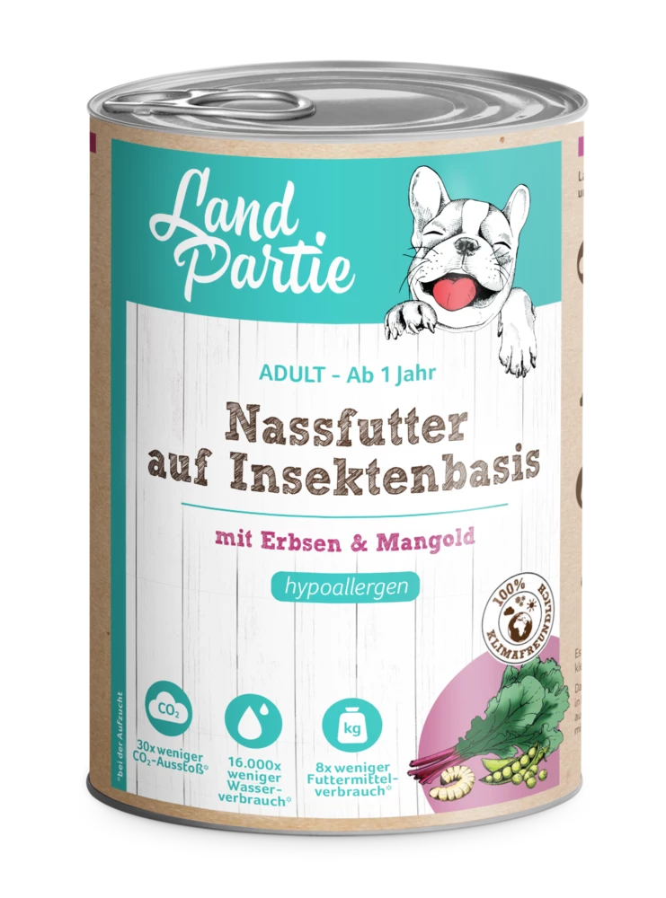 LandPartie Hund Adult 6x400g Dose Auf Insektenbasis Mit Erbsen & Mangold 5 LandPartie Hund Adult 6x400g Dose Auf Insektenbasis Mit Erbsen & Mangold – Bild 3