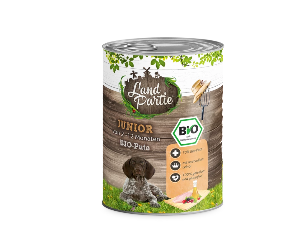 LandPartie Bio Hund Junior 6x800g Mit Bio-Pute Und Mangold 6 LandPartie Bio Hund Junior 6x800g Mit Bio-Pute Und Mangold – Bild 4